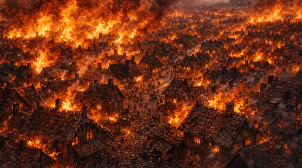 He Who Plays with Fire… Burns an Entire City Down london fire thatched roofs